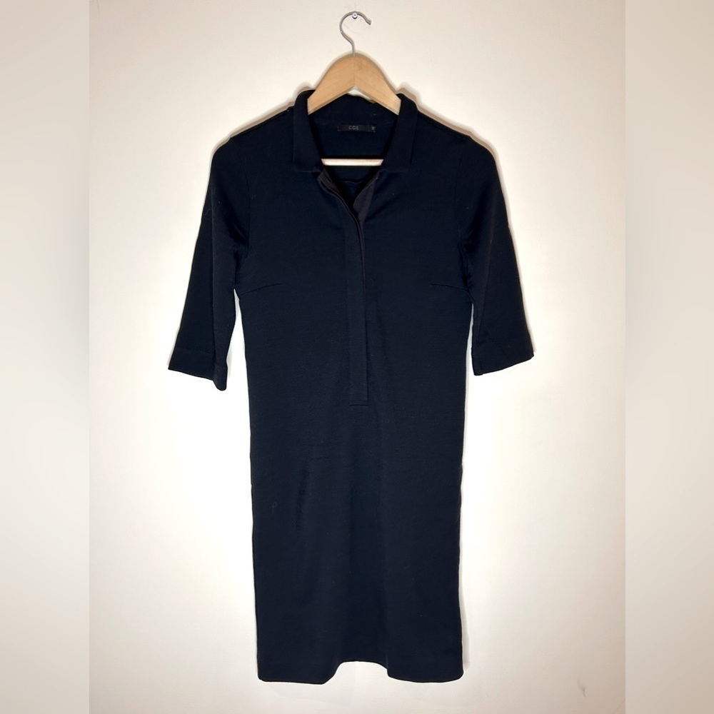 COS  100% wool Shirt Dress Women's Navy Blue  Half  button  size xs - Picture 2 of 9